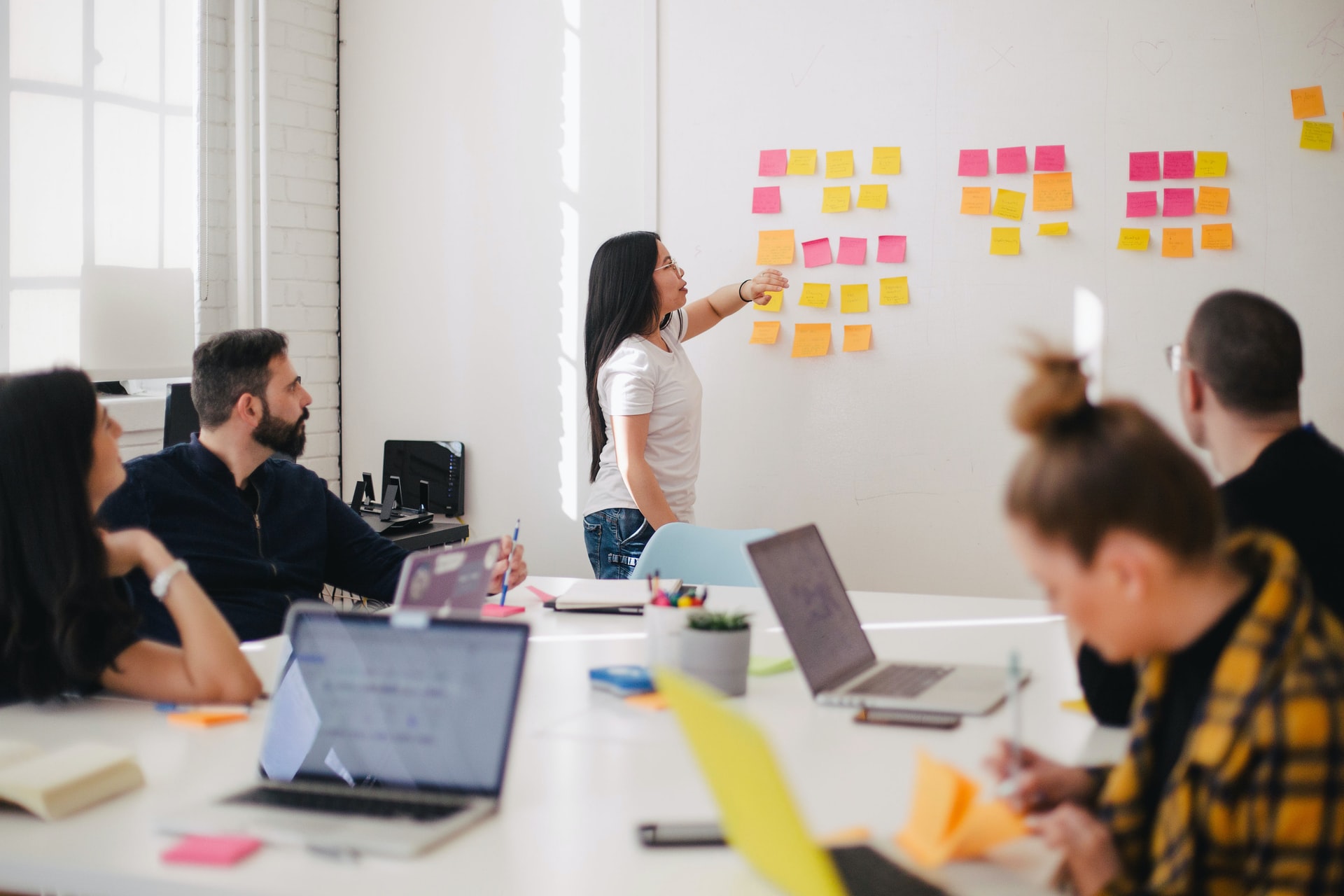 Business people working at a whiteboard