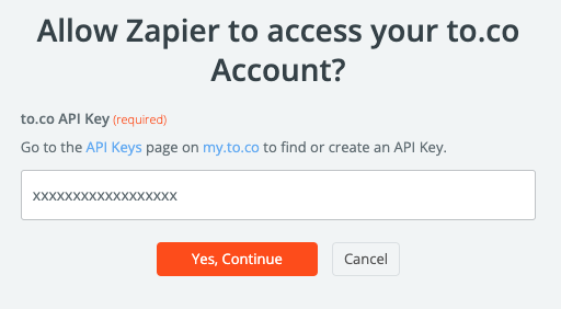 Zapier entering a to.co API Key 