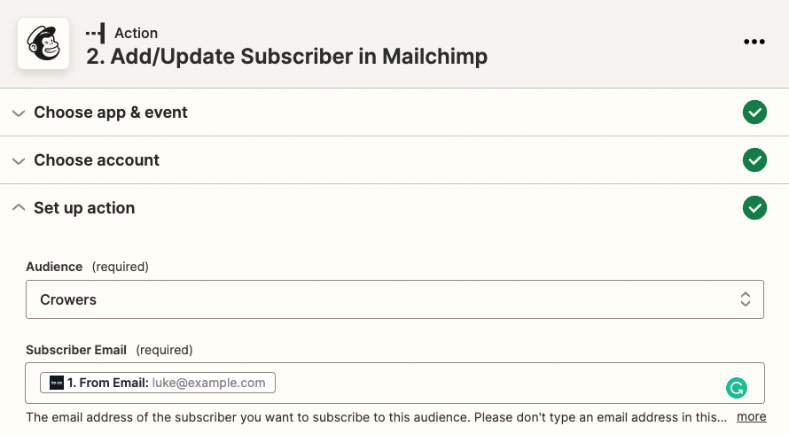 Integrating to.co with Mailchimp using Zapier configuration